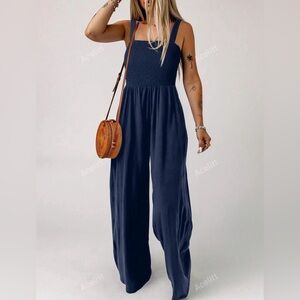 Acelitt Solid Slant Pocket Wide Leg Jumpsuit